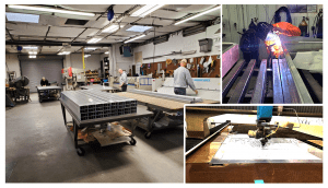 Collage image of water jet, welder, and metal work in shop